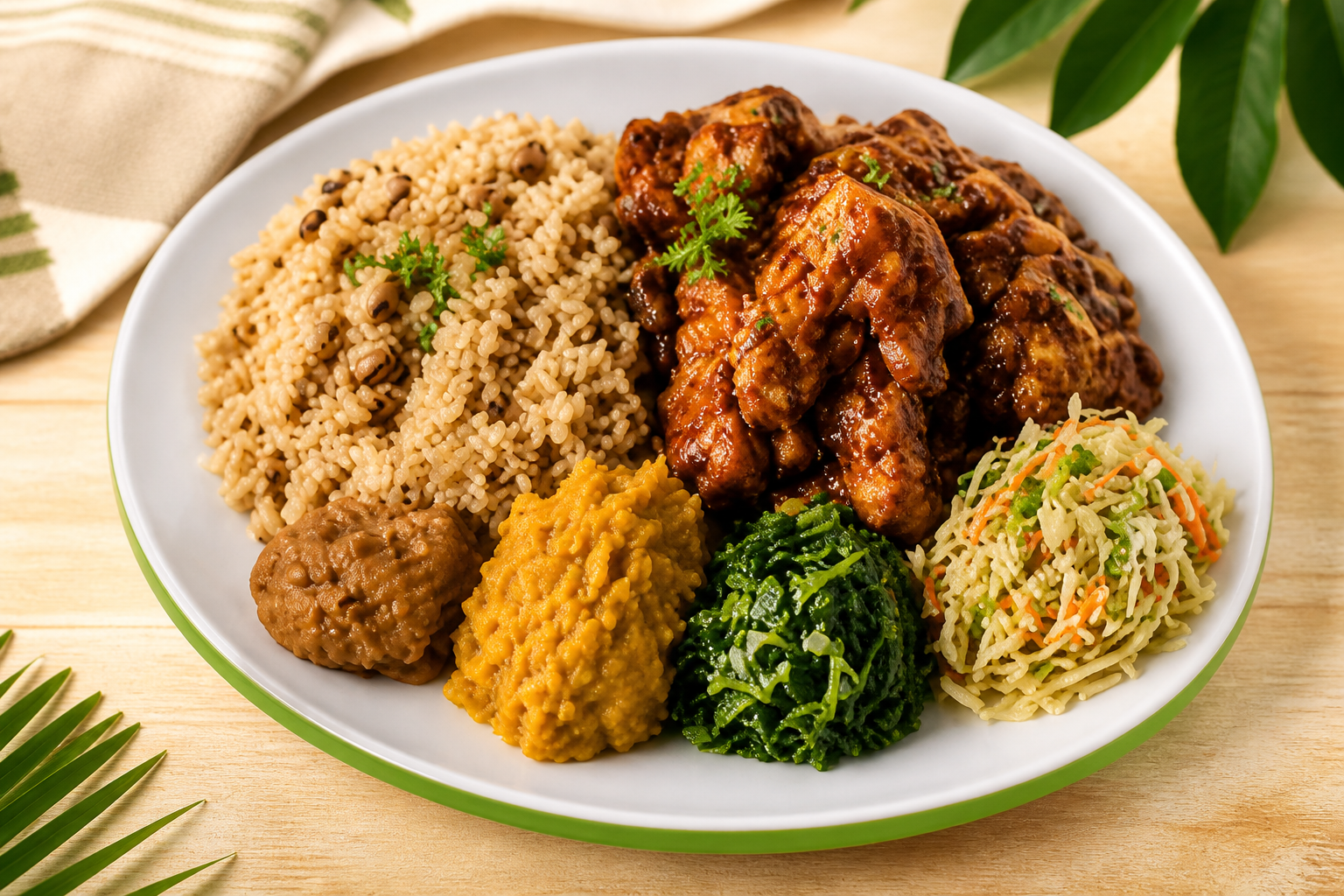 Coconut brown rice and black-eye peas with BBQ veggie chicken and island sides